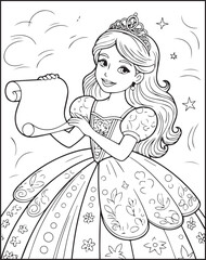 Obraz premium Cute princess girl wearing beautiful dress vector line art coloring page for kids 