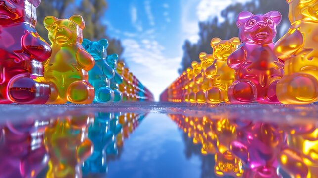 Glossy sugar coated fantasy world where gummy bears march in perfect symmetry forming an abstract geometric pattern