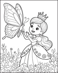 Fototapeta premium Cute princess girl wearing beautiful dress and playing with a butterfly vector line art coloring page for kids 