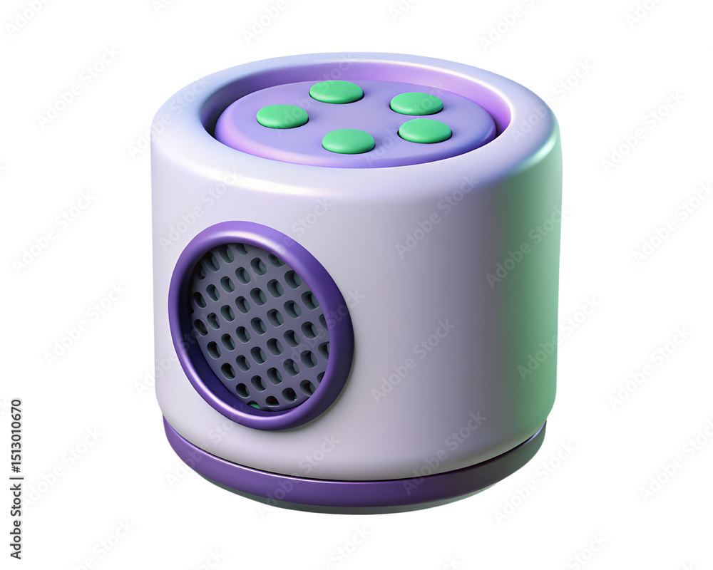 Poster a 3d rendered plastic-style icon of a modern device with a speaker vent and button interface against