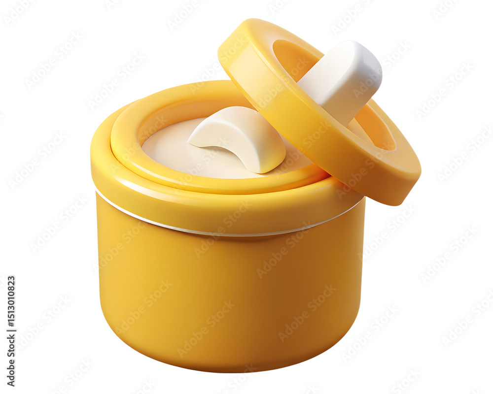 Poster a bright yellow 3d plastic-style icon of a container with an open lid showcasing an appetizing cream