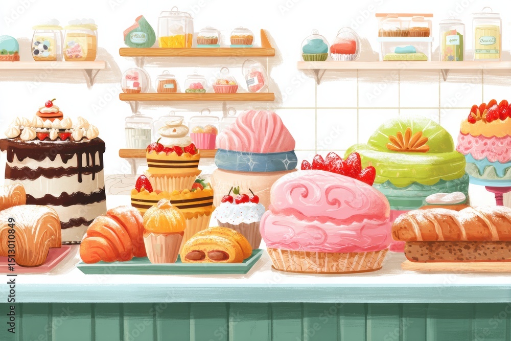 Poster creative bakery counter showcasing colorful pastries with enticing designs and a clean edge, invitin