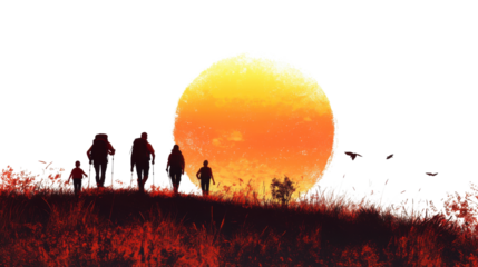 Silhouettes of hiking people walking on mountain hill during sunset adventure isolated on white background
