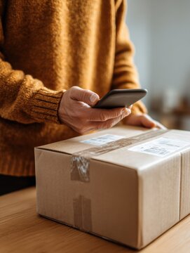Person Scanning Parcel With Phone for Delivery Confirmation in Home Setting During Daytime
