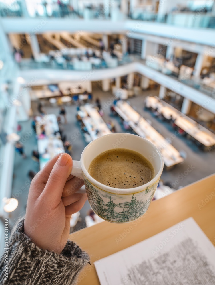 Poster student enjoys decaf coffee while studying in a busy library with an open layout and multiple study 