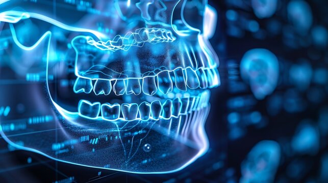 Glowing blue digital scan of a human jawbone with detailed teeth structure futuristic holographic background
