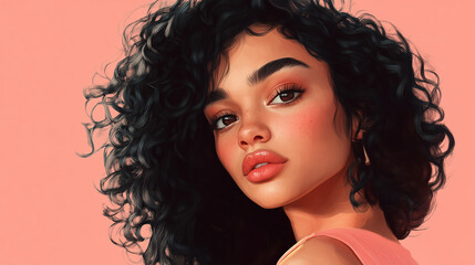 Fototapeta premium Stylized Portrait of a Woman with Curly Hair – Digital Art with Soft Lighting & Pastel Aesthetic