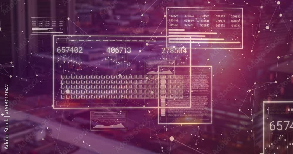 Poster blurred cityscape fading into holographic panels grid emerging and numbers updating for analytics