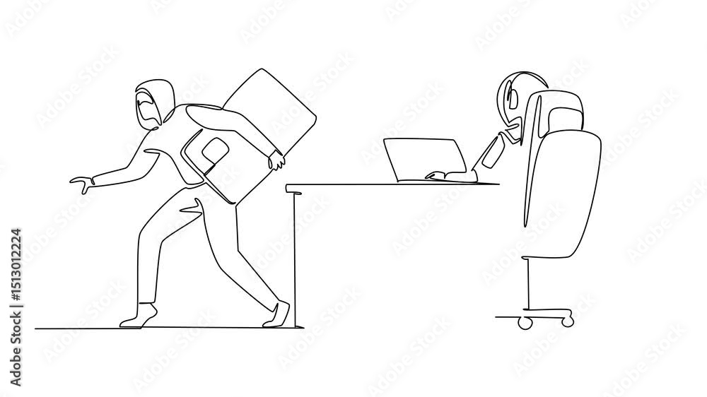 Poster self drawing animation of single one line drawing astronaut type on laptops and masked thieves take 
