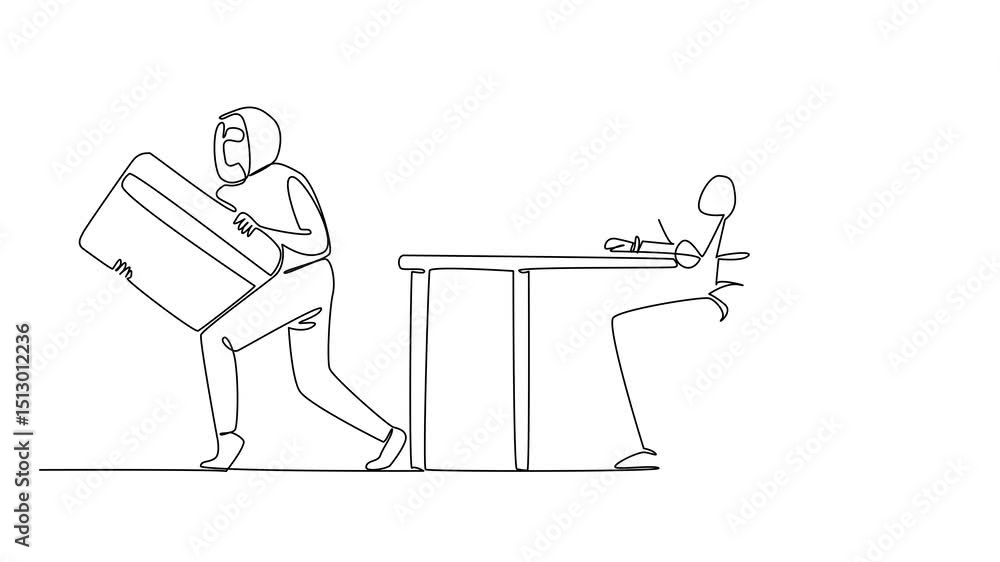 Aufkleber animation of single continuous line drawing robots type on laptops and masked thieves take credit ca
