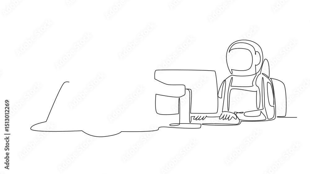 Poster self drawing animation of continuous one line drawing astronaut typing and thief putting money into 