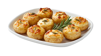 A white plate filled with baked potatoes topped with cheese and rosemary sprigs  isolated on transparent background