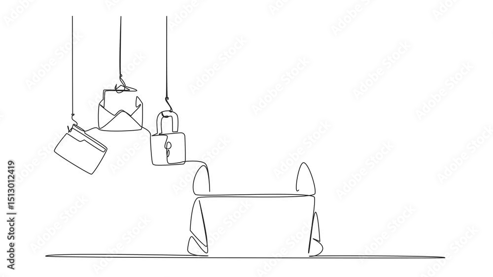 Poster animation of single continuous line drawing robot typing on laptop and 5 important icons. intelligen