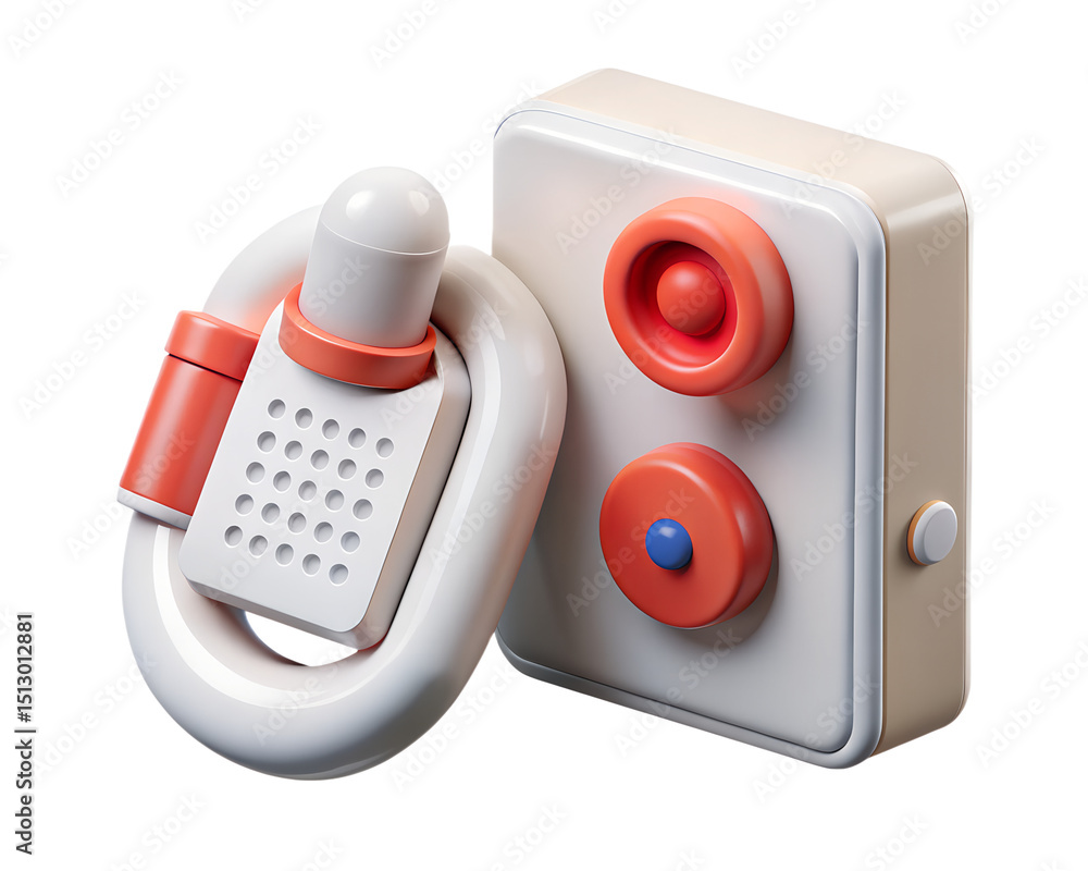 Poster abstract 3d render featuring a plastic-style design element next to a white square with red circular