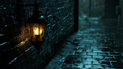 Rainy Night Alley with Vintage Lantern &ndash; Atmospheric Scene with Wet Cobblestones, Brick Wall, and Moody Urban Lighting for a Cinematic Noir Ambiance