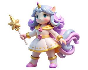 Fototapeta premium Adorable 3d plastic-style icon depicting a magical unicorn character holding a star shaped wand with blushing cheeks