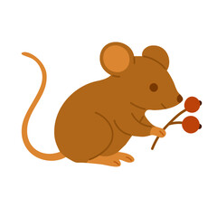 Vector illustration of a cute autumn mouse holding a twig with berries, isolated on white background.