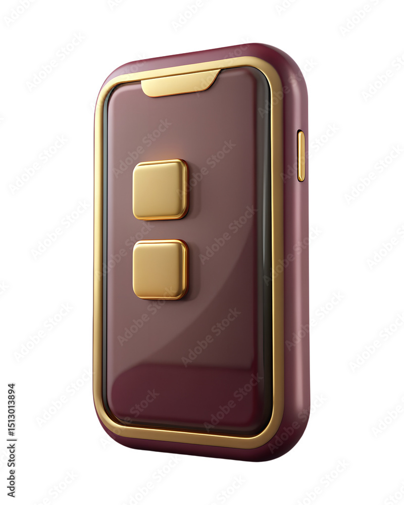 Poster elegant 3d render of a maroon and gold smartphone with two square buttons against a black backdrop