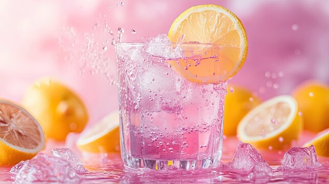 A refreshing pink lemonade with ice and a lemon slice for summer the perfect drink Against a pink backdrop in bright