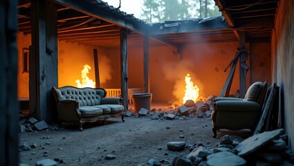 A weathered building interior with a sofa chair and fires burning in the background at twilight hour