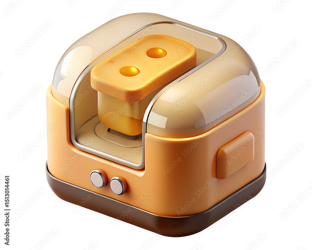 Poster modern 3d rendering of an orange and beige plastic toaster with transparent lid ready to toast a sli