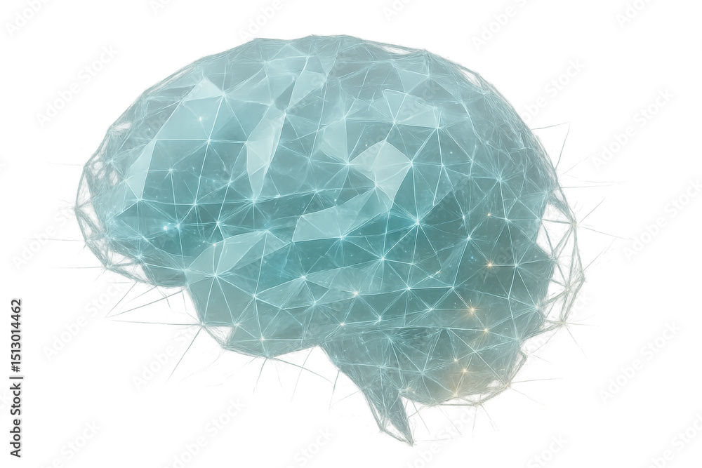 Poster polygonal human brain glowing with futuristic connections representing artificial intelligence, mach
