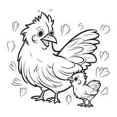 Cute Cartoon Hen and Chick Coloring Page with Heart Shapes for Kids