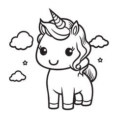 Adorable Cartoon Unicorn with Clouds Coloring Page