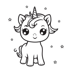 Smiling Unicorn with Curly Tail and Stars Coloring Page