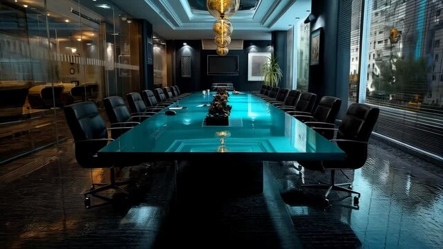 Sophisticated conference room with long blue table, black rolling chairs, decorative lighting, and a modern minimalist design for a meeting space.