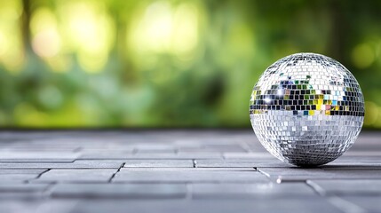 Silver Mirrored Disco Ball Mosaic on Gray Pavement