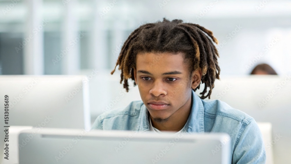 Poster online training and session concept. focused young man working on a computer in a modern environment