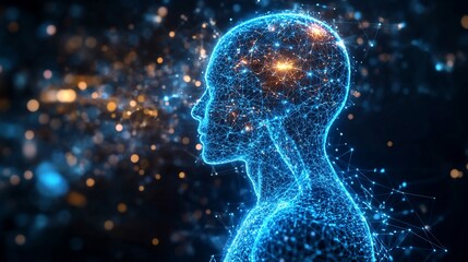 Naklejka premium A glowing blue interconnected network forms the shape of a human head and body