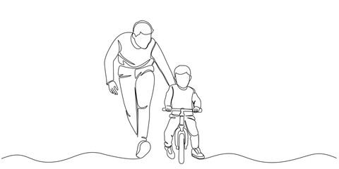 Plakat Father teaches his son to ride a bike line art illustration, fathers day illustration. Vector eps