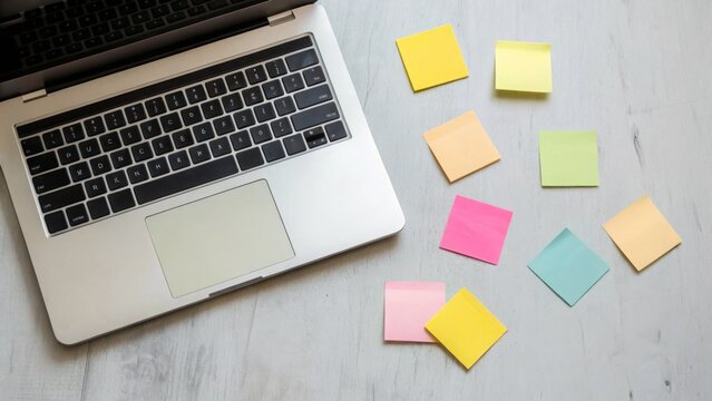 Online training and session concept. Laptop with colorful sticky notes on a wooden surface.