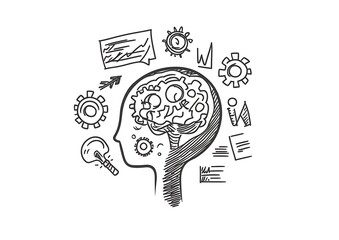 Hand-drawn illustration of a human head with gears and brain inside, surrounded by various business concepts