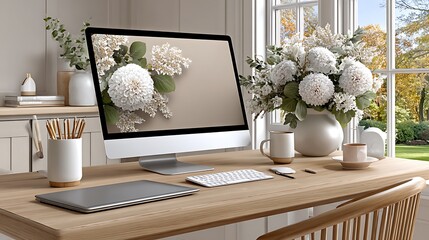 Organized work desk setup with white accessories high resolution photo