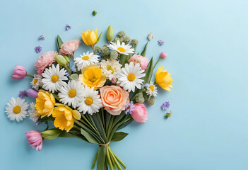 Bouquet of beautiful spring flowers on pastel blue table top view. Greeting card for International Women Day