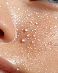 Fototapeta premium Advanced anti-aging cream for reducing wrinkles Close-up of a woman's face with glistening water droplets, showcasing natural beauty and skin texture.
