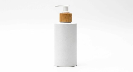 Modern and simple product packaging: a white pump bottle with a subtle textured finish and wooden accent.
