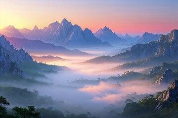 Obraz premium Misty Mountain Majesty A Sunrise Panorama