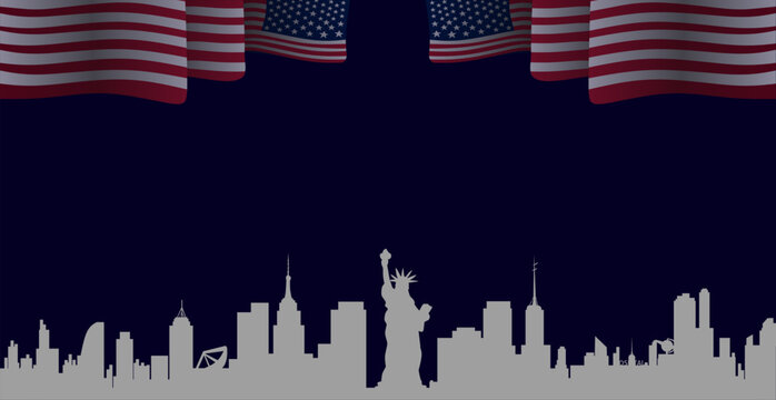 Patriotic 4th of July illustration with American flags, city skyline silhouette, and the Statue of Liberty. Perfect for Independence Day themes and celebration designs.