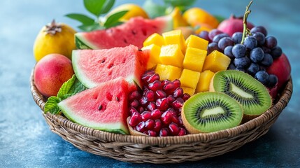Vibrant Summer Fruit Medley in a Woven Basket, a Delightful and Nutritious Presentation of Seasonal Fruits for Refreshment and Healthy Eating