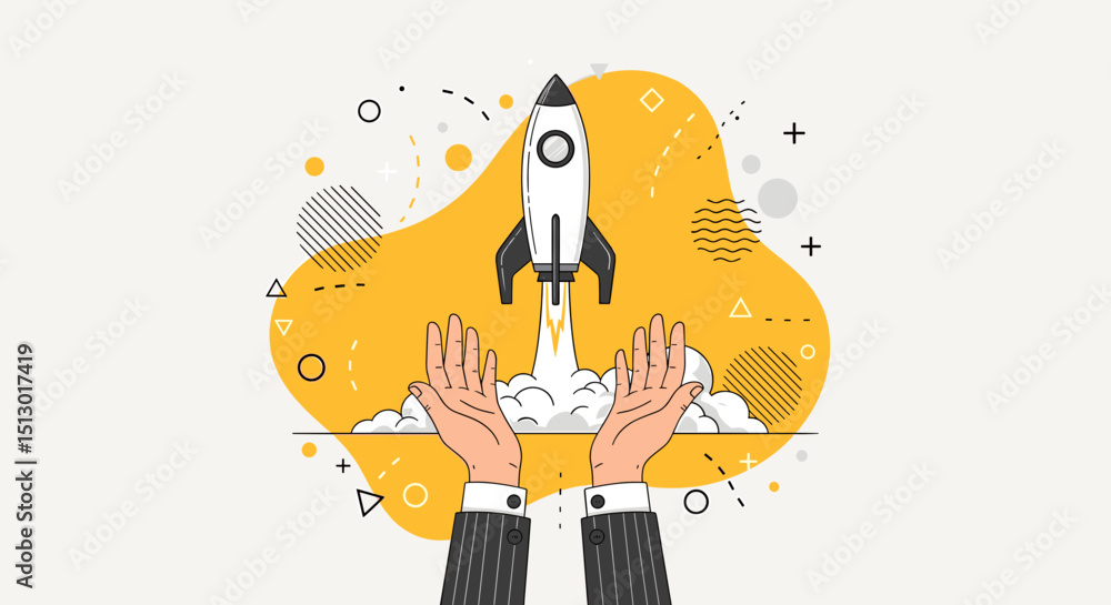 Poster rocket launching with hands underneath and yellow abstract shapes surrounding the launch scene