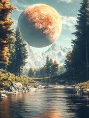 Large planet over a serene forest