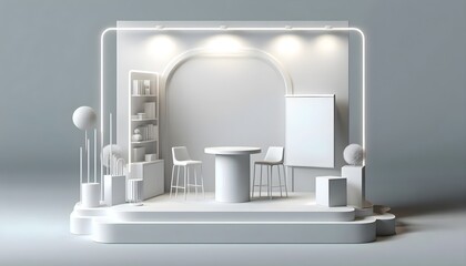 Contemporary white booth mockup in minimal room corner with table and light shadows for branding display