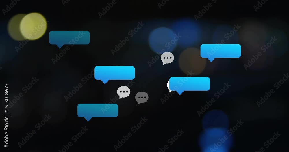 Poster blurred city lights initiating chat bubbles popping clustering then fading restoring dark backdrop