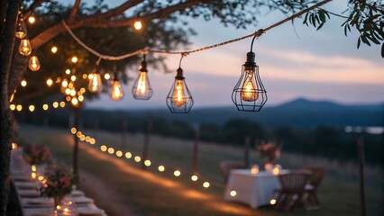 Outdoor Ambiance Table Settings and String Lights at Twilight