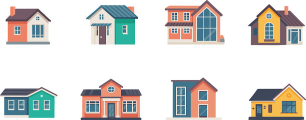 Set of colorful modern house illustrations, residential homes, real estate icons, property design, architecture graphics, housing collection, digital artwork