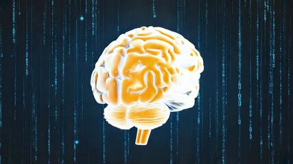 A rotating three-dimensional brain model encircled by flowing data streams and binary sequences, illuminated by gentle pulsating lights, creating a futuristic 4K loop. - Powered by Adobe
